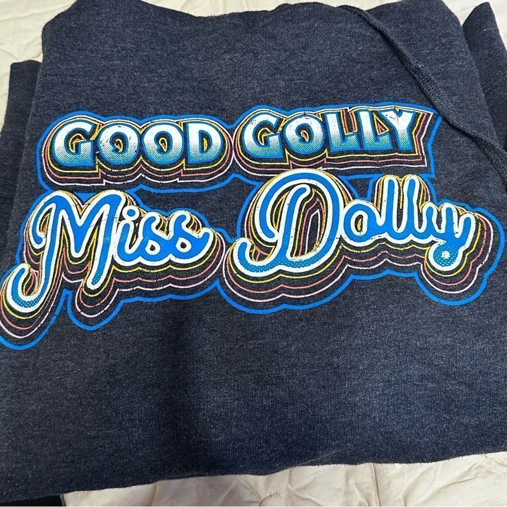 Dolly Parton gray hoodie w/ colorful retro script women’s size small